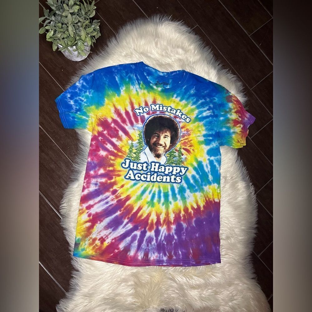Bob Ross “ No Mistakes, Just Happy Accidents” Colorful Tie-Dye Graphic T- Sz LG